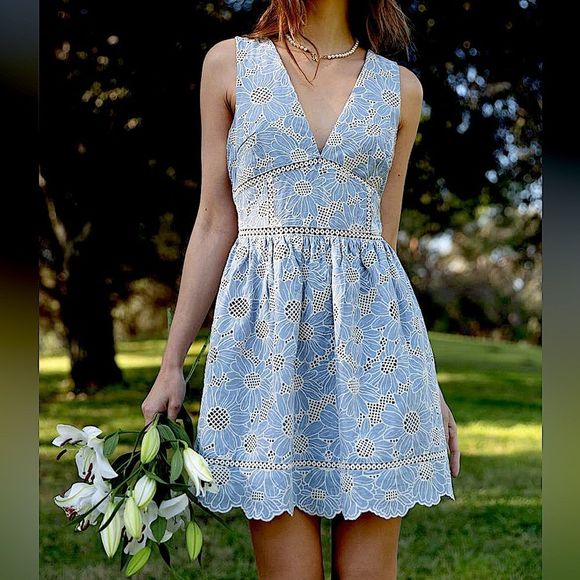Adelyn Rae Dresses & Skirts - Adelyn Rae Womens Blue Eyelet Chambray Lace Dress Beige NWT $128 Fit n Flare